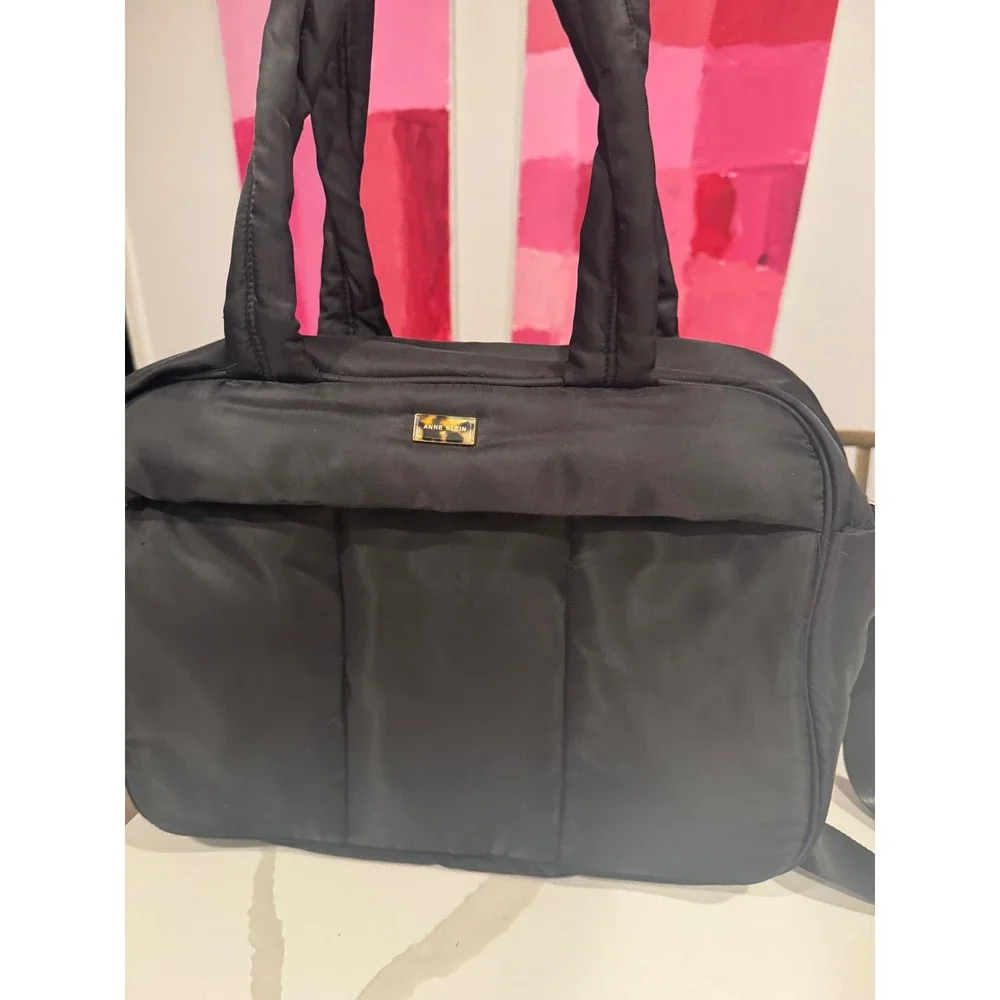 Anne Klein Black‎ Nylon Puffer Laptop Bag Crossbody Travel Tote Gold Hardware